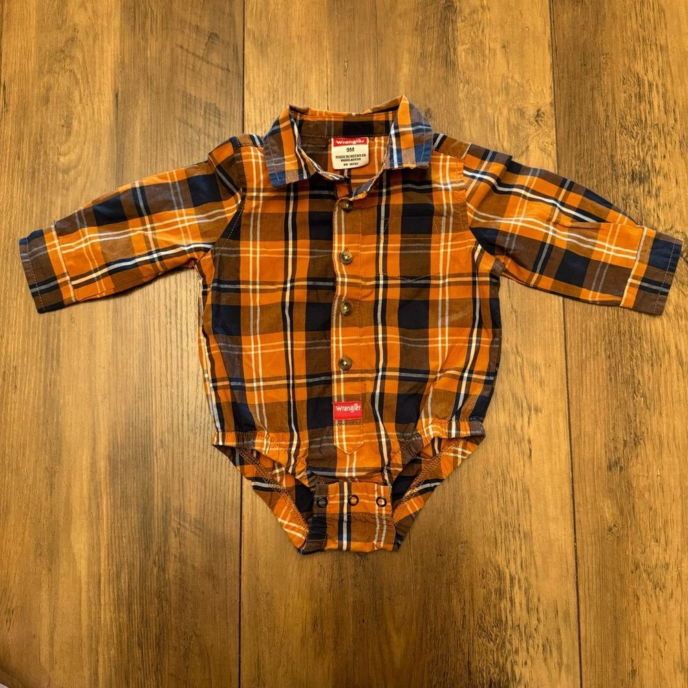 Wrangler Infant Orange & Blue Plaid Bodysuit Onsie Size 9 month